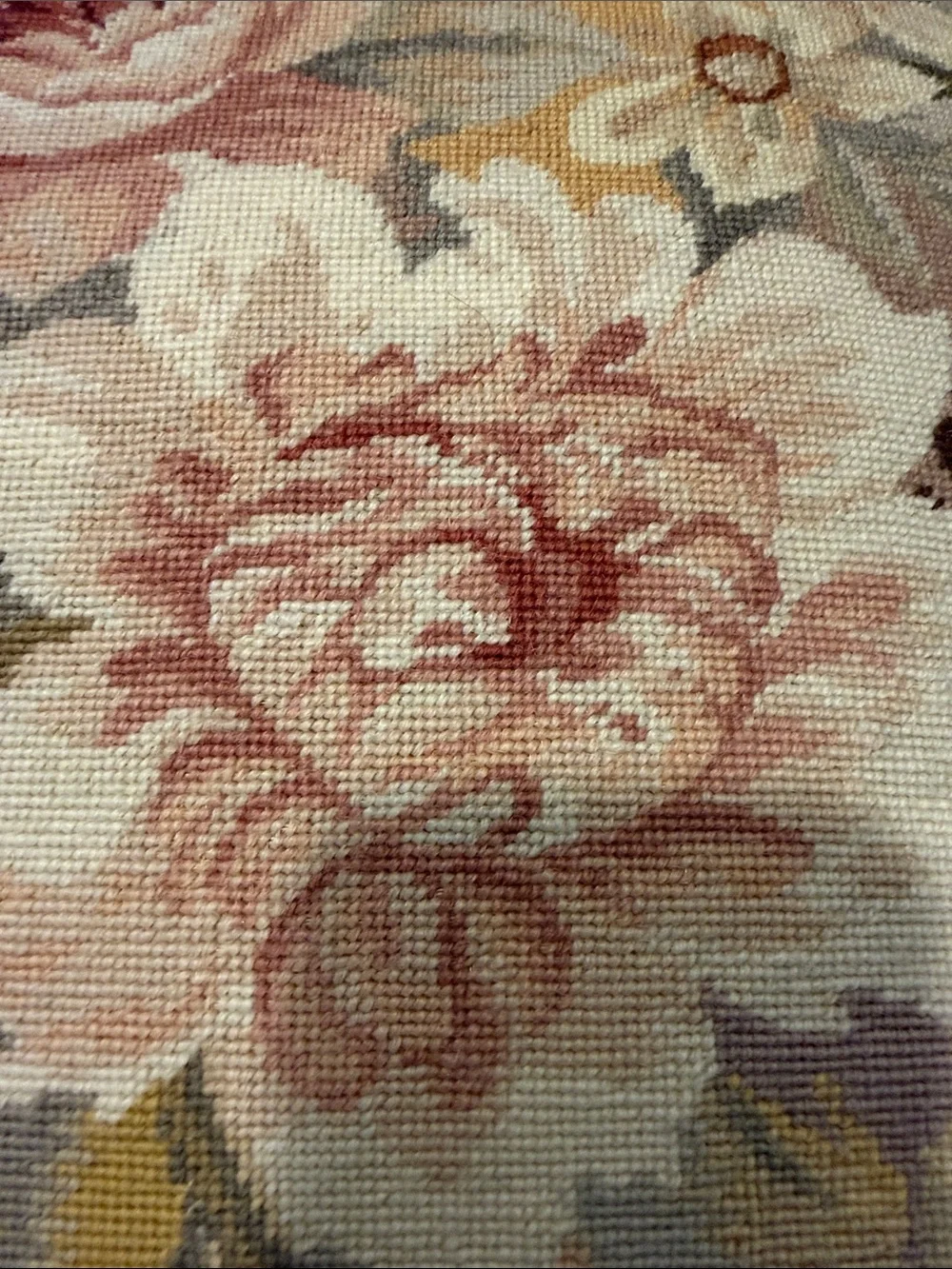 Floral Needlepoint Accent Pillow in Pink and Cream with Tassel Trim